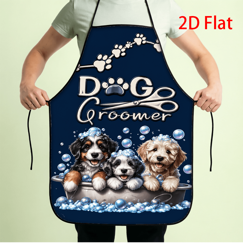 TEMU 1pc 2d Flat Printed Blue Dog Groomer Apron Cute Dogs In Bubble Bathtub Pattern Bib Pinafore With Scissors For Pet Wash Salon Workwear Kitchen