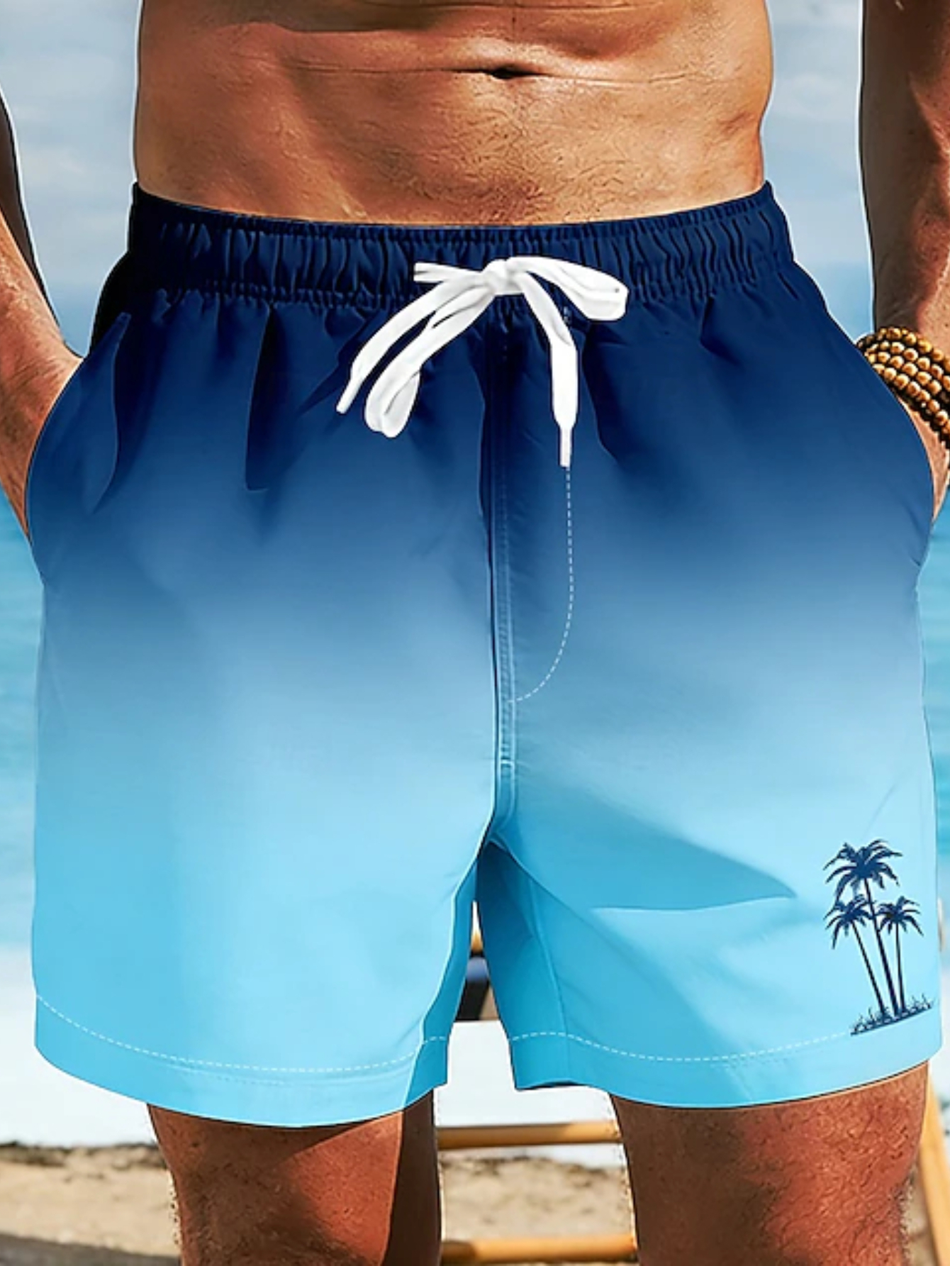 mens coconut tree gradient swim trunks beach shorts surfing shorts     design     side pockets