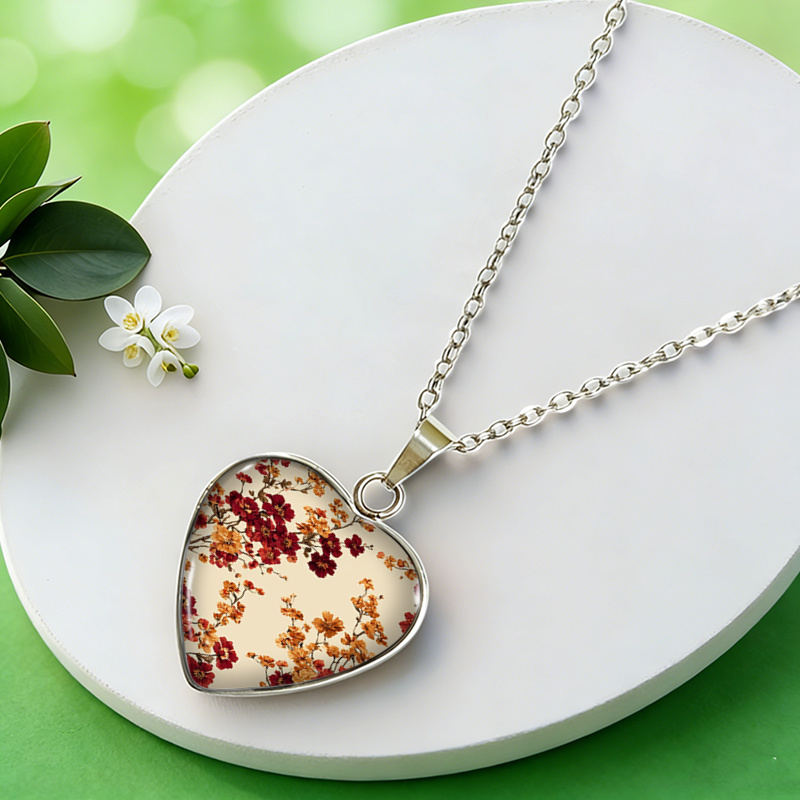 Romantic Floral Heart-Shaped Necklace, Glass Jewelry