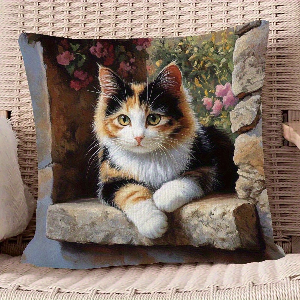 TEMU 1pc Calico Cat Pattern, Soft, Comfortable, And Polyester Short-pile Fabric, Single-sided Print, Does Not Include Pillow Insert, Approximately