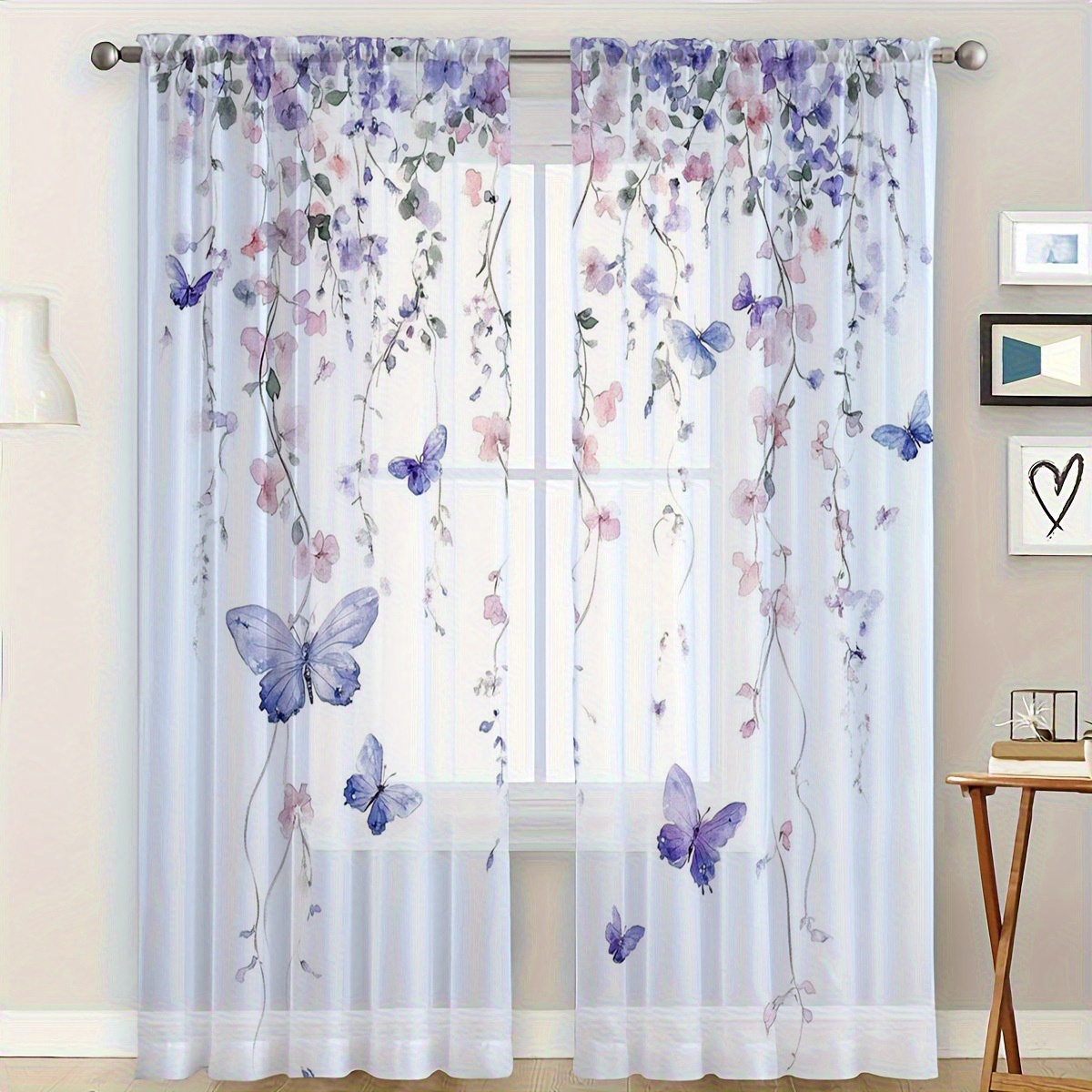 TEMU 2pcs Semi-sheer Curtains With Watercolor Floral & Print - 100% Polyester Chiffon, Rod Pocket, Machine Washable, Contemporary For Living Room,