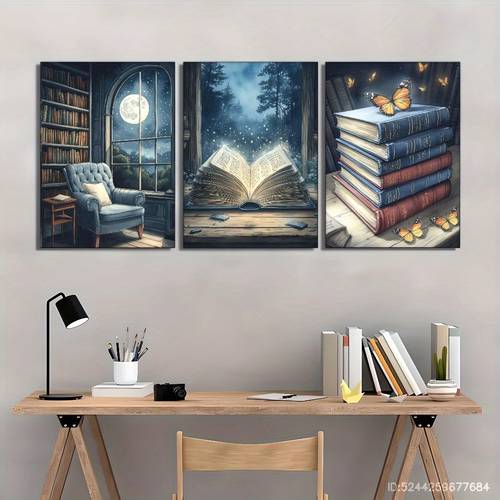 item picture 2d flat 3pcs framed panel modern abstract of book themed decor with frame suitable for home dorm caf suitable for reading nook decoration 2d flat