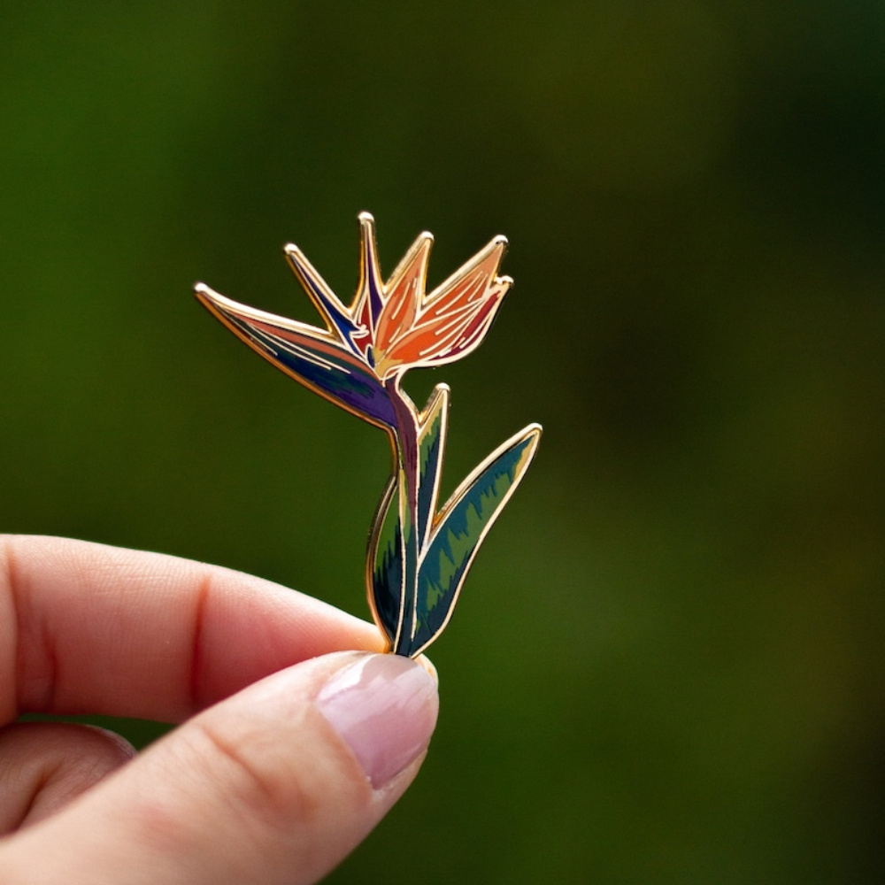 Image of 2d Flat, Of Paradise Plant Hard Enamel Pin Orange Tropical Jewelry Gift For Nature Lover Botanical Brooch, Accessories For , Valentine's Day Gifts, 2d Flat