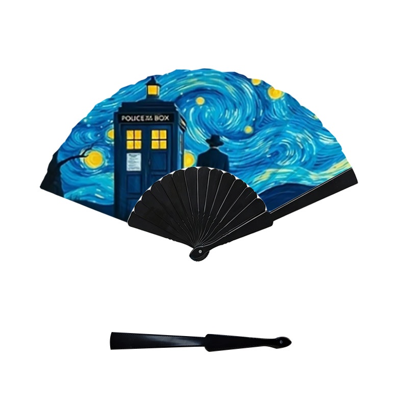 TEMU Van Gogh Starry Night And Mysterious Doctor Pattern Hand Fan, 1pc Plastic Fan With Fan Ribs, Retro Bohemian Folding Fan, Suitable As Exquisite