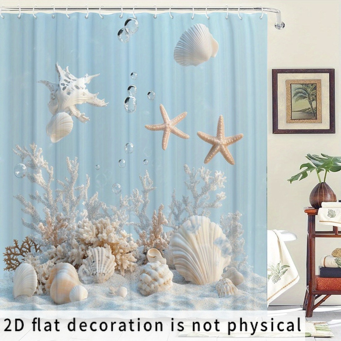 TEMU 2d Flat, 2d Flat, 2d Curtain 1pc Fresh Shell Starfish Coral Pattern Shower Curtain, Suitable For Home Bathroom Decor, Hotel And Apartment