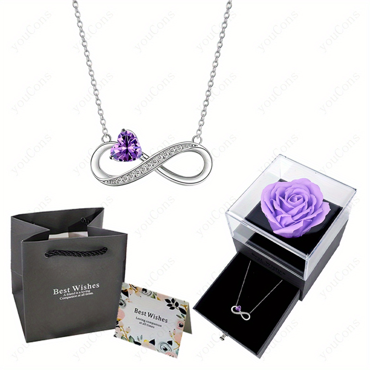 TEMU Collana con ciondolo ad anello M繹bius a forma di cuore viola abbinata a una lussuosa confezione regalo viola chiaro con rosa, sacchetto regalo e