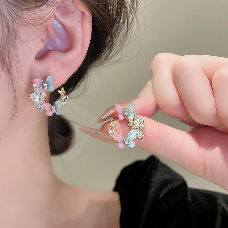 Sweet Rhinestone Butterfly Circle Stud Earrings