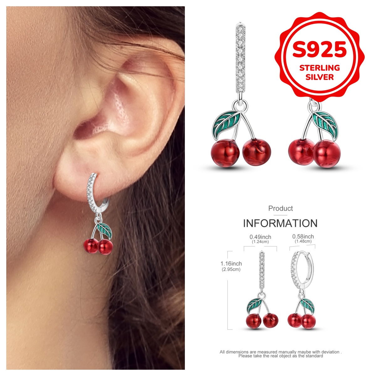 925 Sterling Silvery, 1 Pair Sweet Cherry Drop Earrings, Wearing This Will Make You More Elegant And Refined