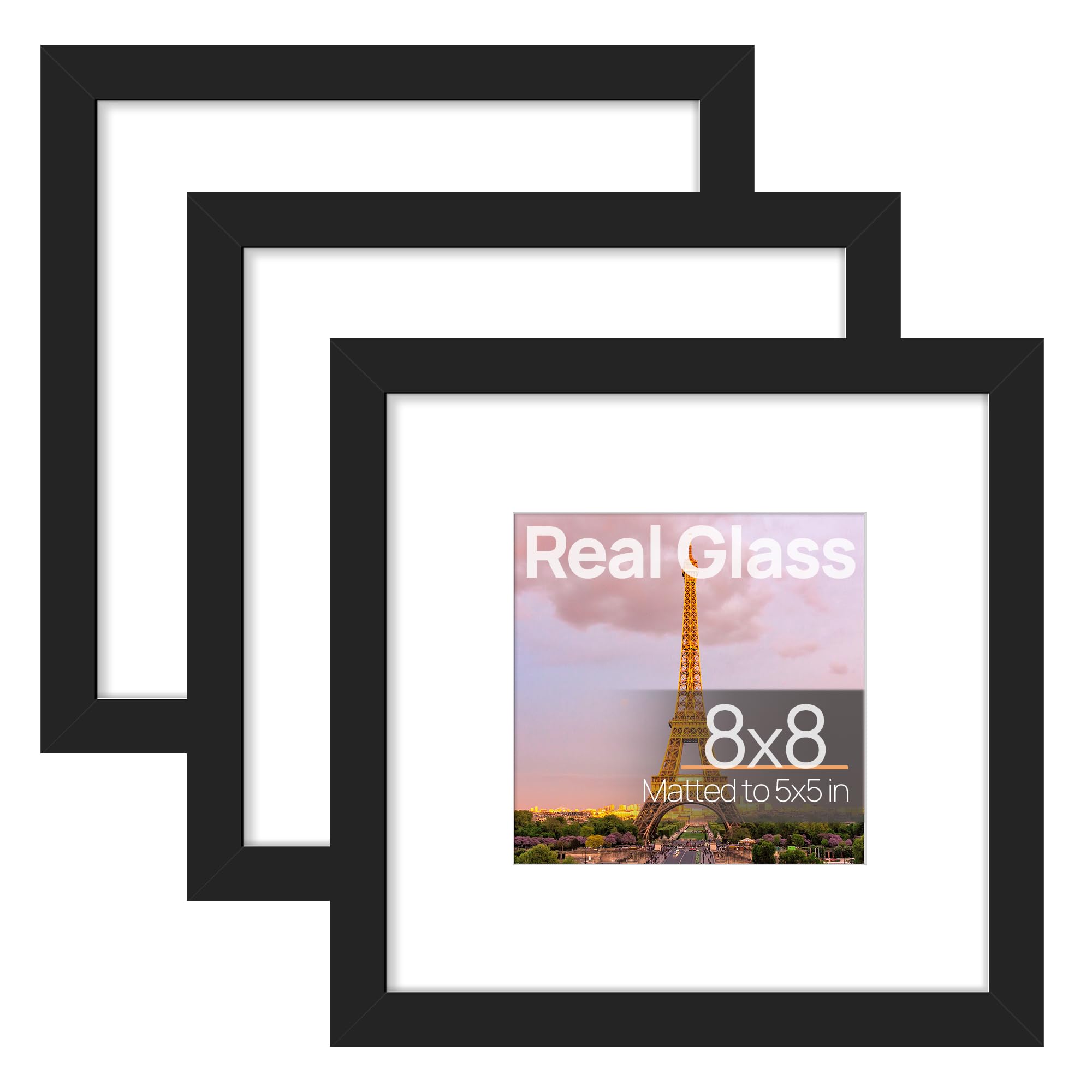 TEMU 3pack 8x8 Picture Frame Made Of High Definition Glass, Display Pictures 5x5 With Mat Or 8x8 Without Mat, Gallery Wall Frame Set, Black