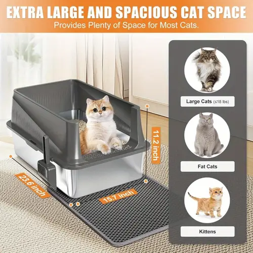 stainless steel litter box high sided enclosed cat litter boxes with shield metal litter box for large cats non stick anti leakage easy to clean included scoop and mat darkgrey