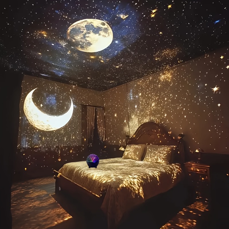 TEMU Colorful Star Moon Projection Night Light, With Usb Interface, Anti-drop Lampshade And Modern Bedside Design, Suitable For Bedrooms, Usb