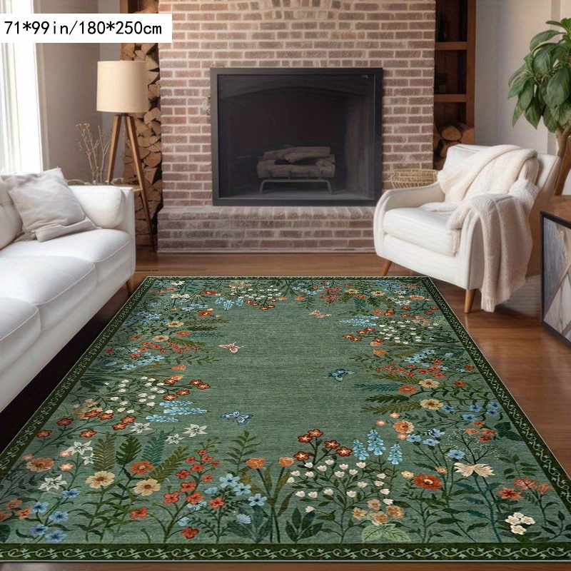 TEMU 1pc Floral Pattern Soft Plush Area Mat With Nonslip Dot Backing â With Colorful Flowers And Green Leaves â Machine Washable, Perfect For Livi