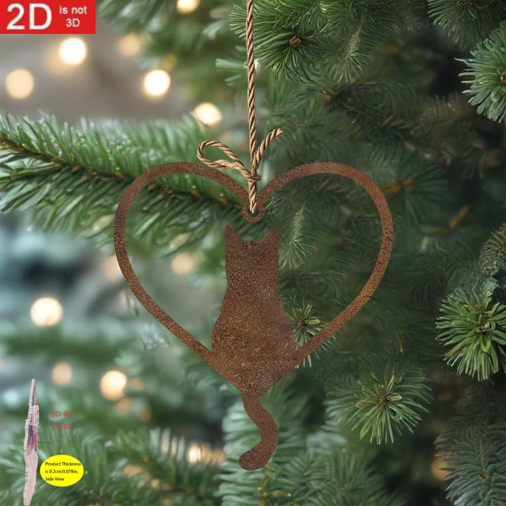 TEMU 2d Flat, 2d Flat Rustic Cat-shaped Heart Ornament- Acrylic Christmas Decoration With Twine, Indoor And Outdoor Holiday Decor, No Power Required,