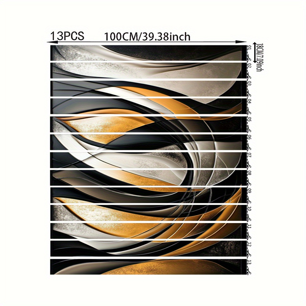 13pcs Abstract Black, Golden & White Fluid Design Stair Stickers - Self-Adhesive PVC Home Decor Murals for Living Room, Staircase, and Interior Design, 100.0cmLx17.98cmW, Modern Wall Art Decor|Abstract Wall Art|Easy Installation Decor, Stair Decorations