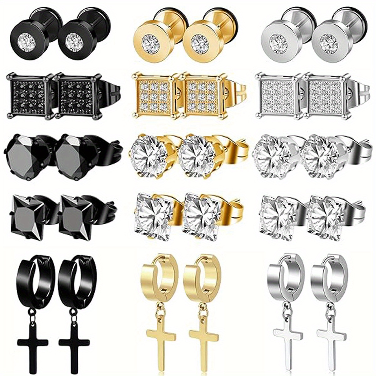 Image of 5/15 Pairs Stainless Steel Earrings For Men Inlaid Stud Cross Dangle Hinged Cz Earrings Stud Hypoallergenic Earrings Huggie Earrings Set For Women Men Ear Piercing Jewelry Set Black Steel Golden