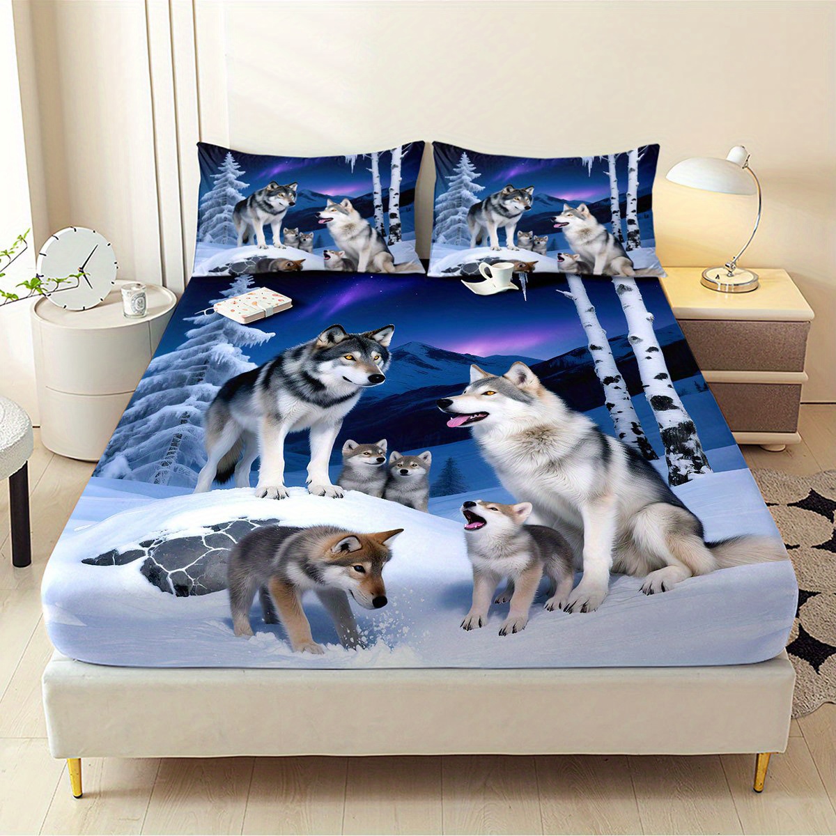 TEMU 3pcs Arctic Wolves Family Fitted Sheet Set Mattress Cover Mattress Bedding Set Bedroom Halloween Christmas Decorations Polyester Machine