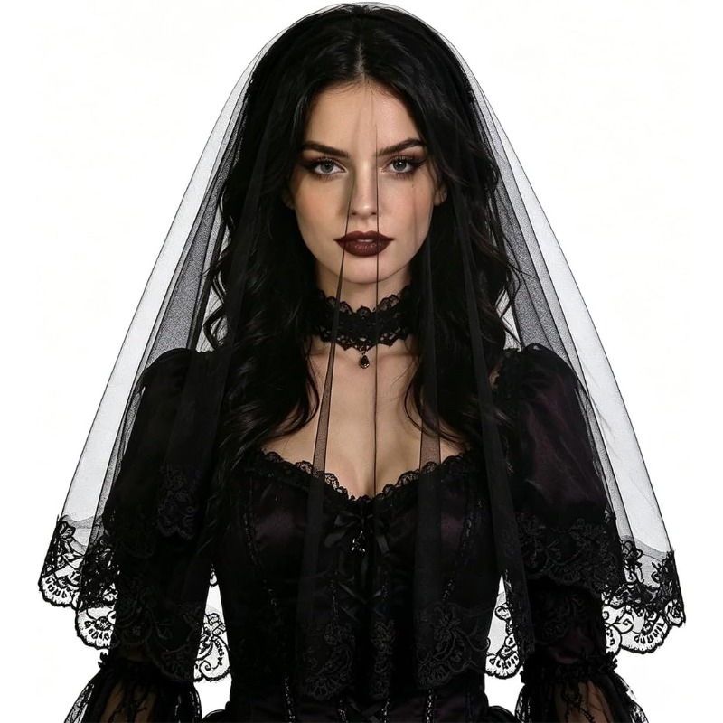 TEMU de mariée en dentelle noire, de mariée gothique vintage pour Halloween, mariage, fête, costume de cosplay