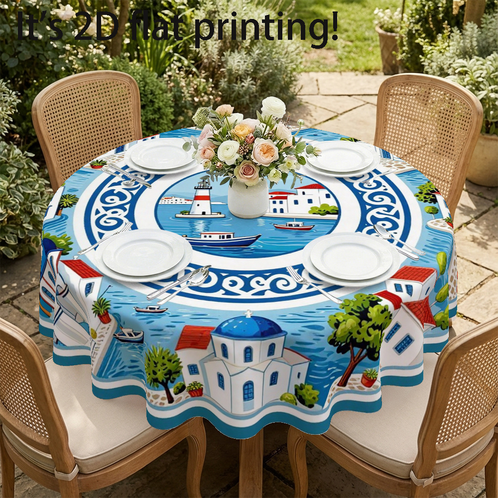 TEMU 1pc Greek Coastal Tablecloth Suitable For Round Tables - Nautical Maritime With Greek Patterns, Fabric Suitable For Summer Parties, Picnic,