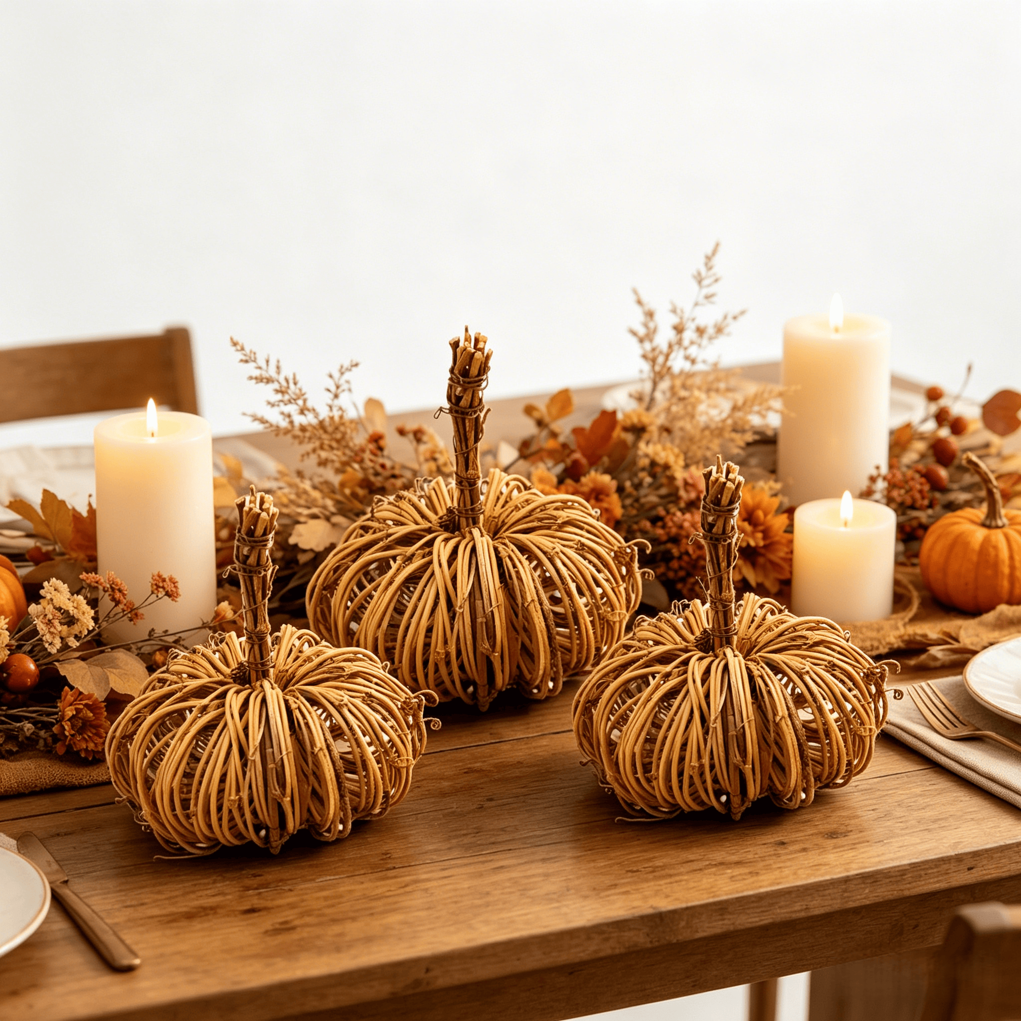 Image of 3pcs Rustic Rattan Pumpkin Decorations, Festival Decor, Suitable For Wedding Garlands, Door Decorations, Halloween, Thanksgiving, And Christmas Holiday Party Gifts