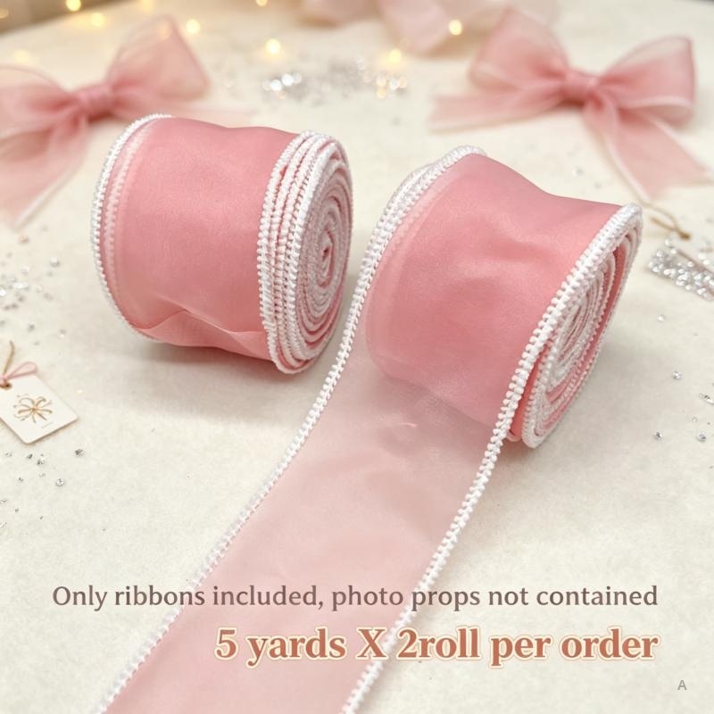 TEMU 2 Rolls, 6.3cm Width, 5 Yards Per Roll, Wired Ribbon, Solid Pink, Summer, Outdoors, For Holiday Decor, Wreath Decor, Bow Making, Floral Decor