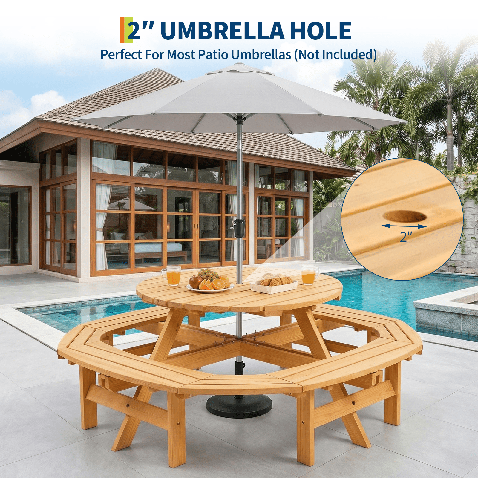 8-Person Round Wooden Picnic Table with Umbrella Hole, Wood Outdoor Dining Set with 4 Built-In Benches for Garden, Patio And Backyard
