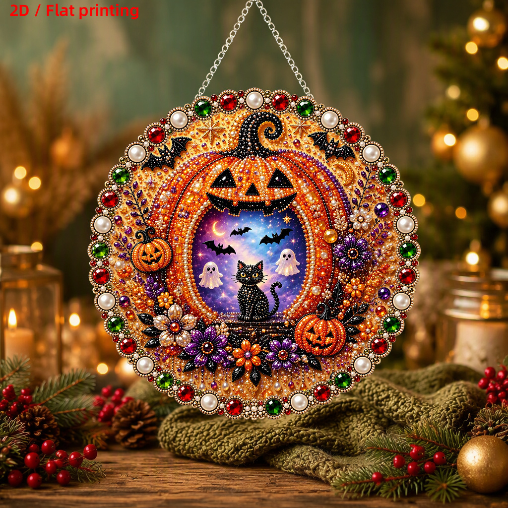 TEMU 2d Flat - 2d/flat Printing New Acrylic Pearl Stud Pendant Kit Featuring Halloween Pumpkin Black Cat Theme Design, Sunlight Catching, Includes