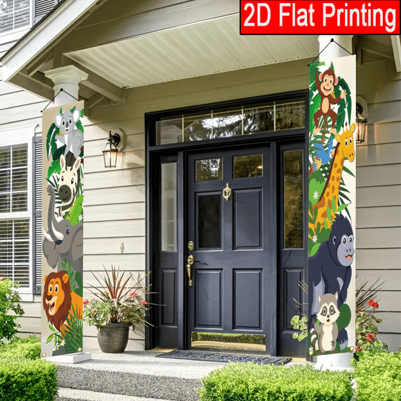 TEMU 2d Flat, 2pcs 2d Flat Polyester Cartoon Door Porch Banner Falg Party Decoration Animal Party Decor Backdrop Animal Banner For Theme Birthday