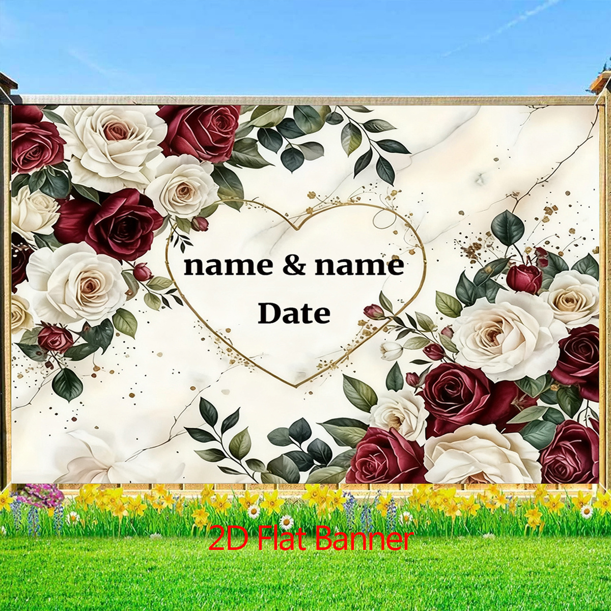 TEMU 2d Flat, 2d Flat Customizable Wedding Backdrop Banner - Elegant Rose Floral With Heart & Custom Name/date Text, Personalized Vinyl Fabric