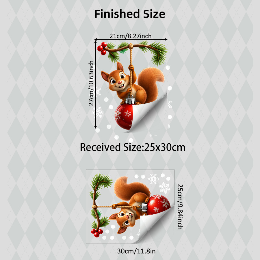 TEMU 1pc Christmas Squirrel Window Sticker, A Cute Squirrel On A Pine Branch Wearing A Scarf And Holding A Red Bauble, , Double-sided Static Cling