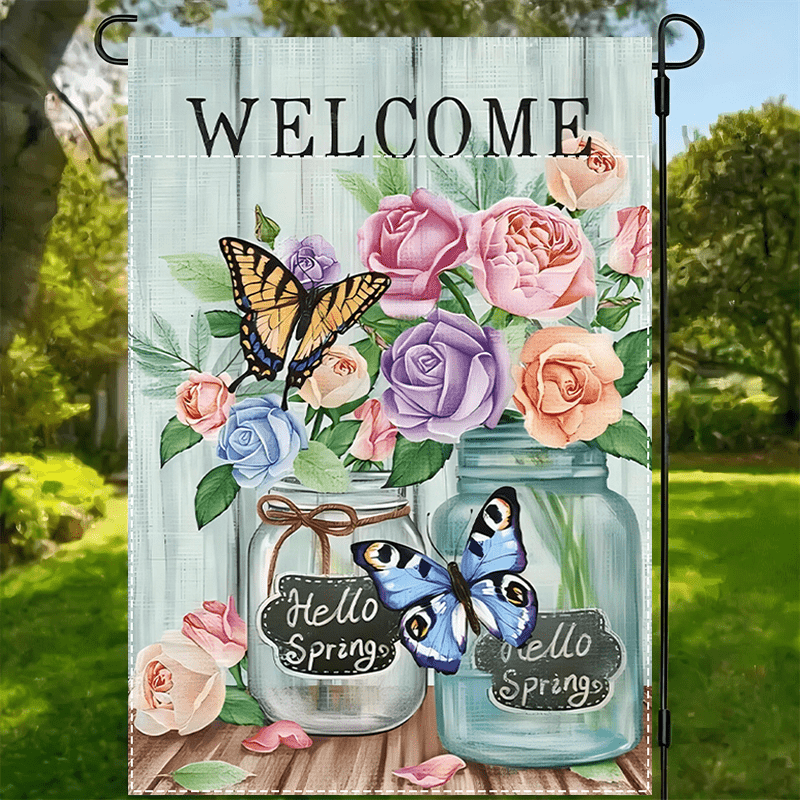 

1pc Welcome Flag, Polyester, Double-sided, Waterproof Outdoor Yard Flag, Multipurpose Decorative Flag With Mason Jar & Roses, 12x18 Inches, For Hello Garden Decor