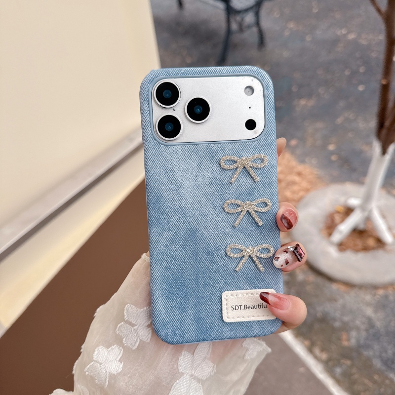 TEMU Phone Case - Stylish Denim Design With A Glossy Bow Phone Cover For Iphone 17 Pro Max, 16, 15, 14, 13, 12, And 11, Featuring Drop Protection