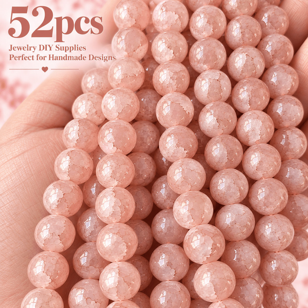 TEMU Lot de 52 perles rondes à trou rose effet de glace 8mm, perles décoratives pour créations artisanales et matériel de bricolage, fournitures
