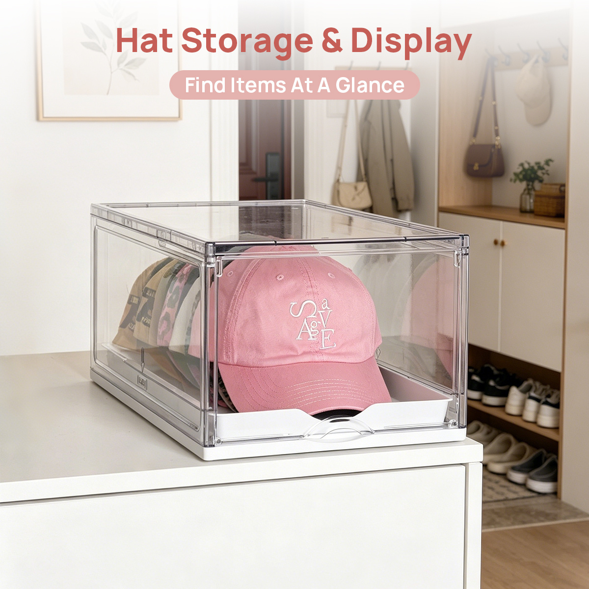 TEMU 1 Pack Hat Organizer For Baseball Caps, Hat Storage, Clear Hats Holder Box With Drawer, Large Storage With Sliding Tray, Stackable Rack Display