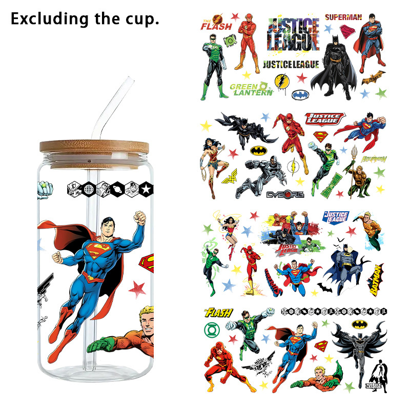 TEMU Set da 4 pezzi, WB, Adesivi per tazze in vetro serie supereroi DC, Carta di trasferimento UV DTF, Adatta per carta di trasferimento per tazze da