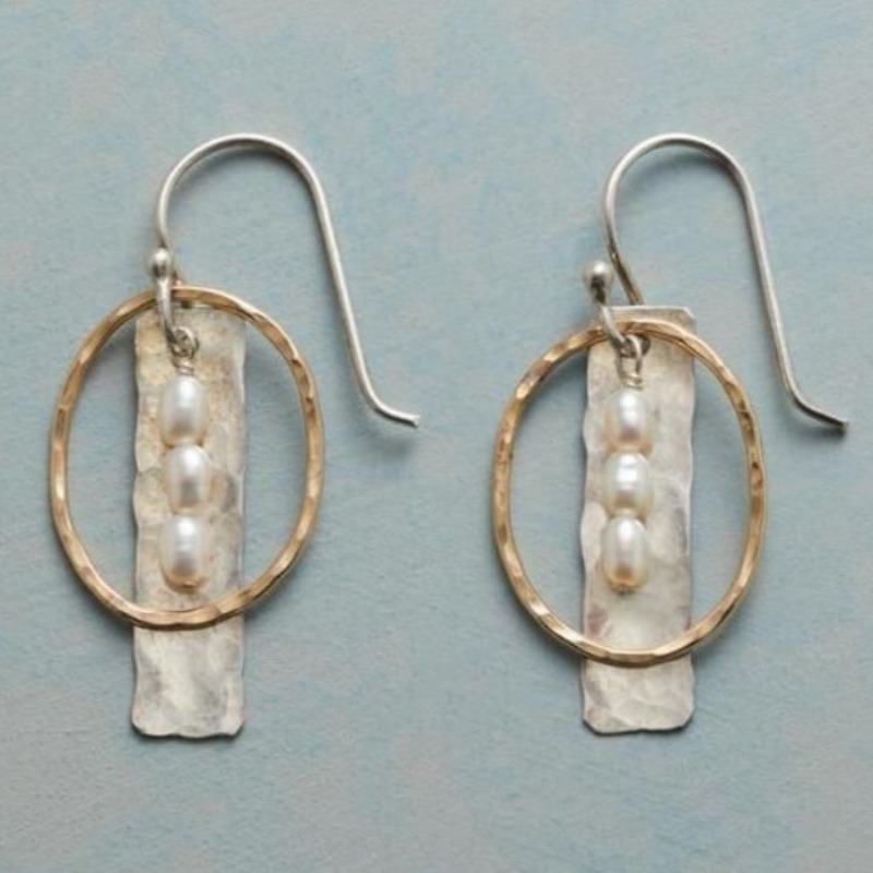 Bohemian Style White Round Beads & Oval Hollow Pendant Earrings