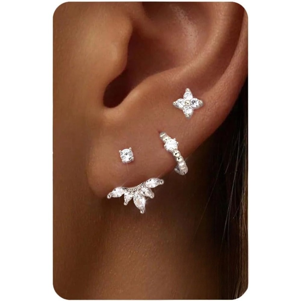 Image of 3 Pairs Copper With 925 Silver Ear Post Stud Hoop Earrings Set For Women Hypoallergenic Cartilage Earrings Dainty Small Stud Hoop Earring For Multiple Piercings