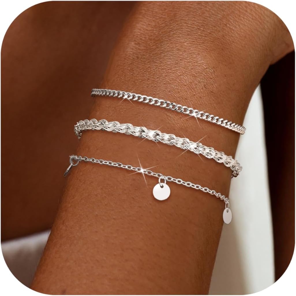 3pcs For Women Adjustable Stackable Bracelets Set Layered Chain Bracelet 925 Silver Clasp Bracelet For Womens Ladies With Gift Box