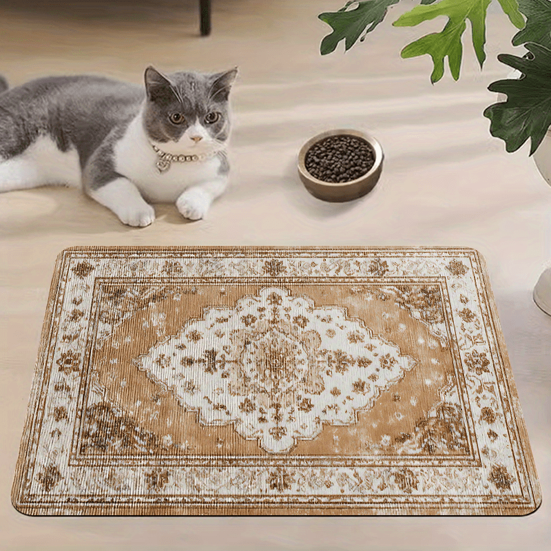 TEMU 1pc, Persian-style Printed Pet Feeding Mat, With A Non-slip Rubber Base, Featuring Floral Patterns Tones. Suitable For Dog Food And Water Bowl