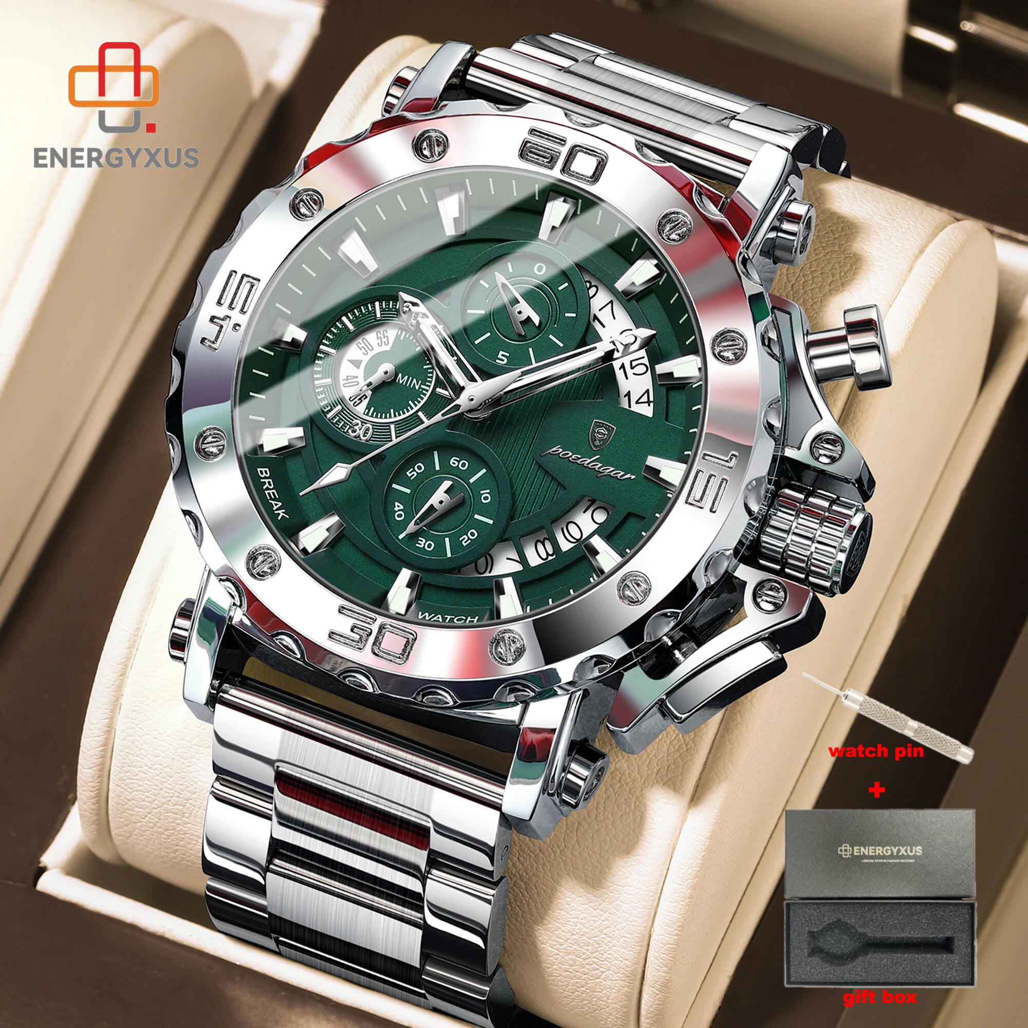 TEMU Energyxus Luxury Men's Watch Calendar Luminous Man Clock Chronograph Stainless Steel Watches Men's Watch, Without Battery