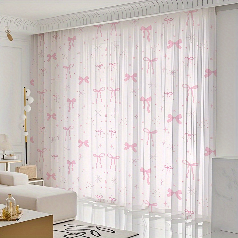 E-shop 2 Stück Süße Transparente Vorhänge mit Rosa Schleifenmuster – Lichtdämpfend, Privatsphäre schützend, Ganzjahres-Anpassungsfähig,