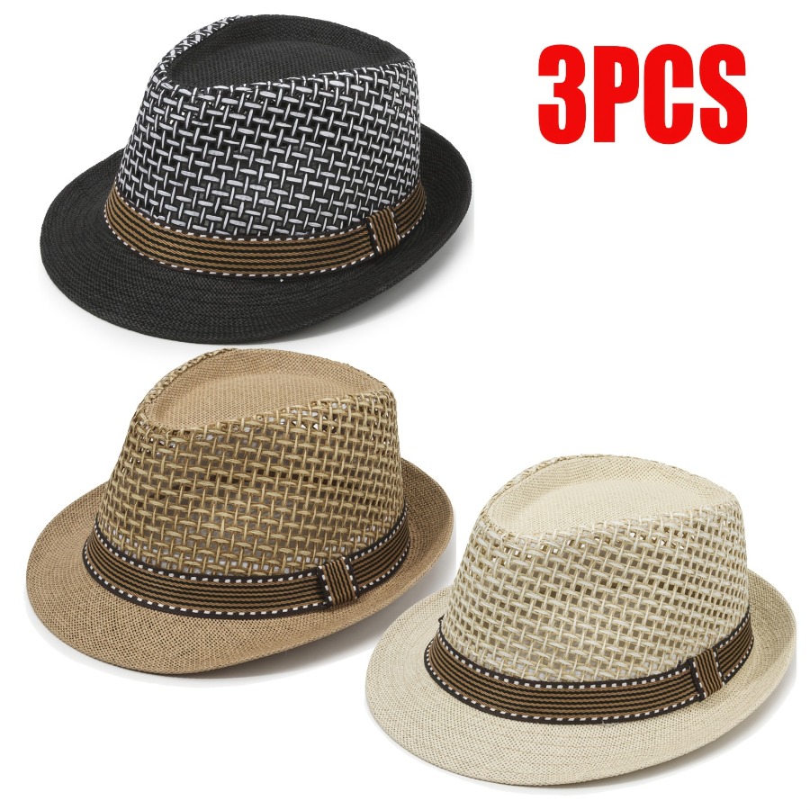 TEMU 3pcs Set Of Unisex Straw Hats And Top Hats, Sun Hats For Spring And Summer, With Design, Small Hat With Mesh, Vintage British Jazz Style Casual