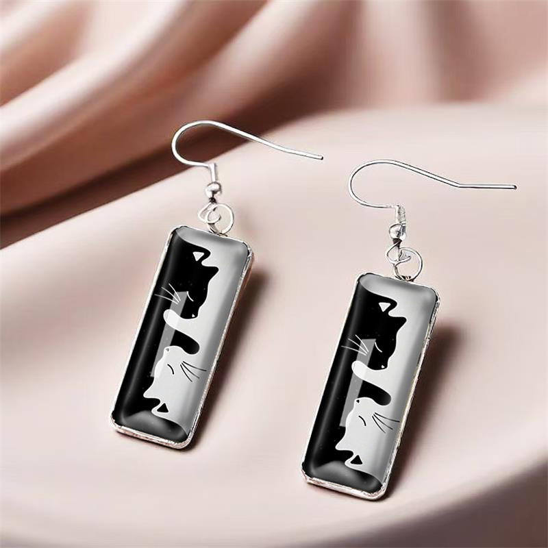 Cute Yin-yang Cat Illustration Rectangular Hook Earrings