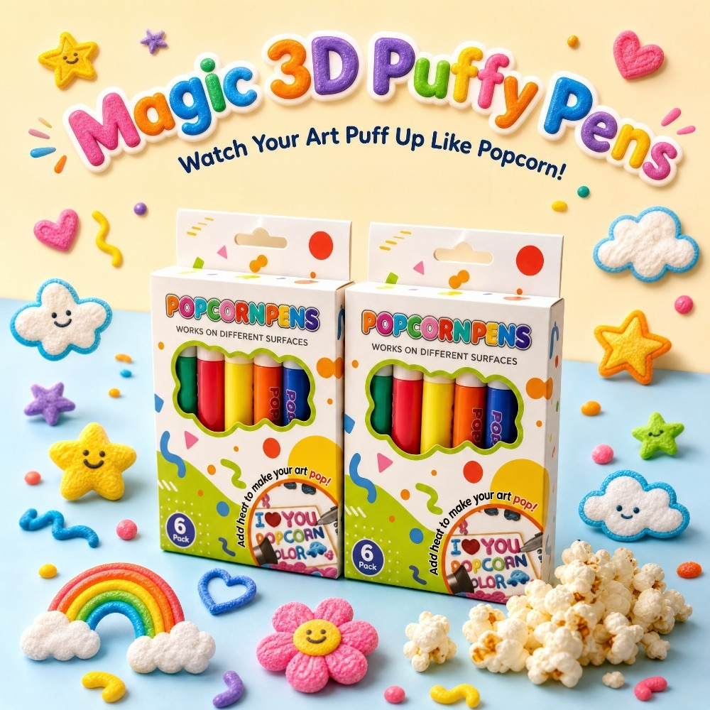 TEMU 2d Flat, 2d Flat, 2 Sets Of 6-color 3d Relief Art Pen Paintings, Popcorn Pens That Expand When Heated, Used For Painting Creation, Birthday Card