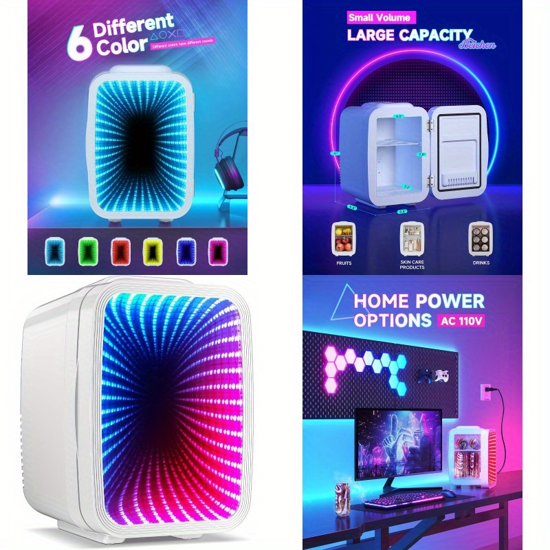 Mini Fridge 4 Liter 6 Cans Small Refrigerator with Dimmable LED Light AC DC Portable Thermoelectric Cooler and Warmer Gaming Mini Fridge for Bedroom Office Gaming Room and Car White