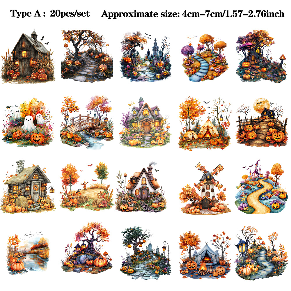 TEMU Ruonaorou 1 Pack Halloween Scenery Aesthetic Sticker Packs For Scrapbooks 2d Flat Watercolor Autumn Pumpkin Haunted House Landscape Pattern