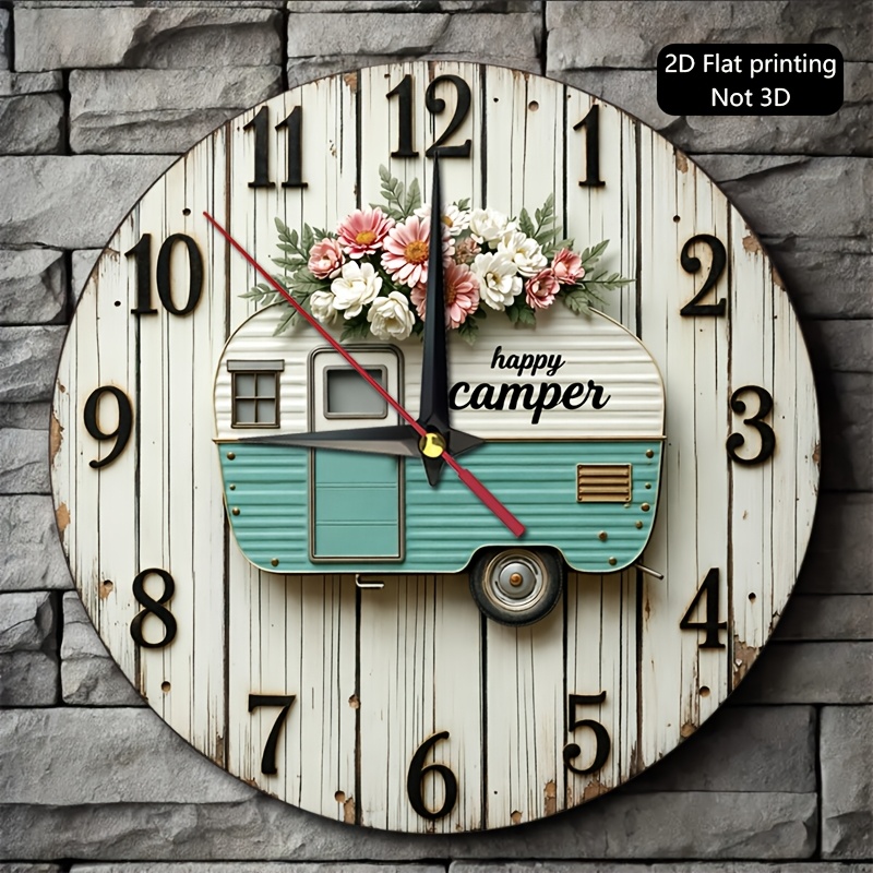 TEMU 1pc 2d Flat Wall Clock, And Floral Pattern, "" Slogan, Rustic Wooden Wall Decor, Suitable For Living Room, Kitchen, Home Office, Patio,