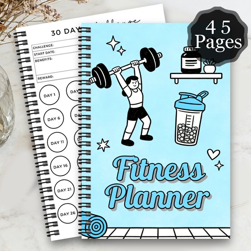 1pc Fitness Planner Spiral Notebook Journal | Diet and Fitness Exercise Health Log, Daily Exercise Planner for Women and Men, Compact Size, Fitness Themed Personal Organizer, Weight Loss Plan, Weight Lifting Shaker Bottle, Supplement Container