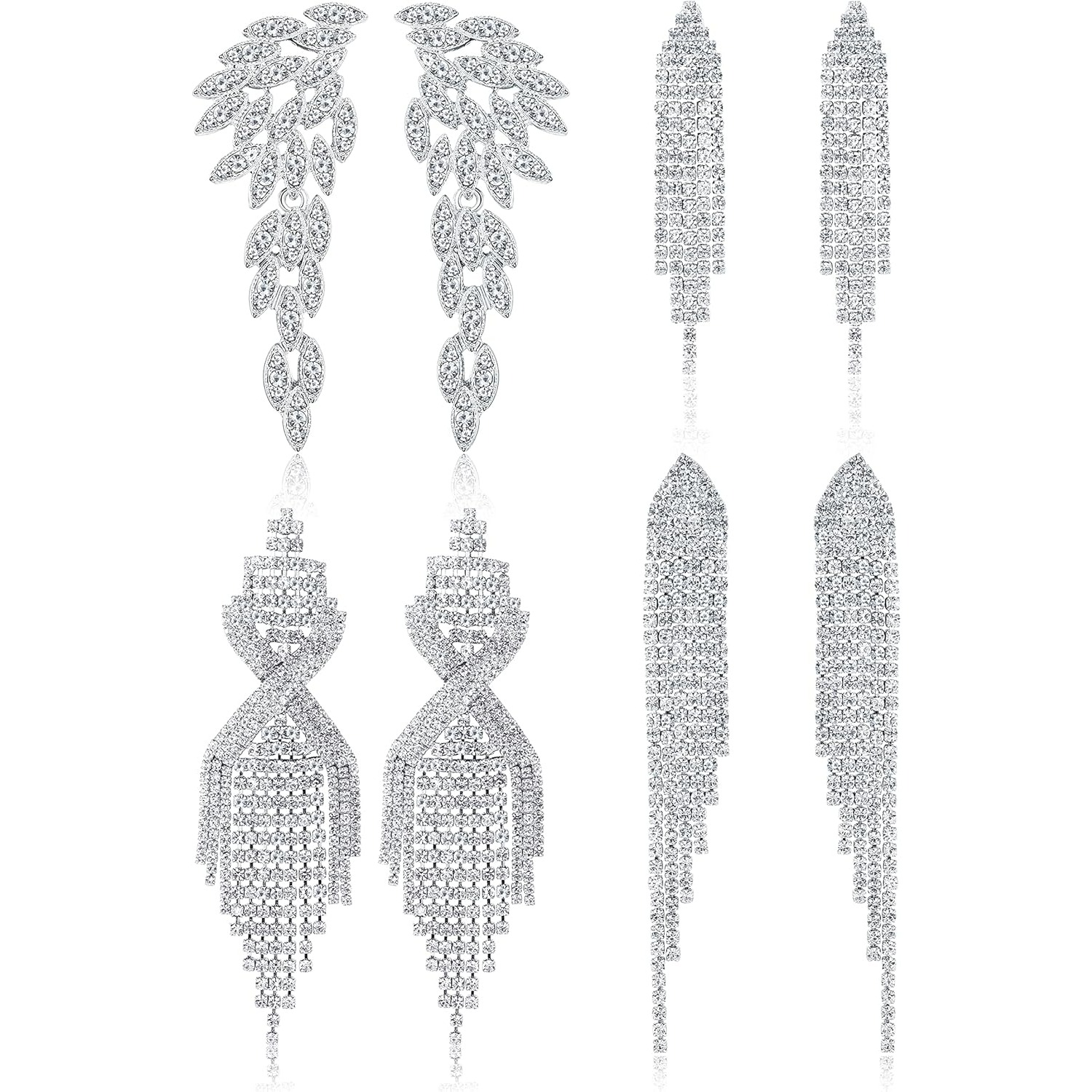4 Pairs Clip On Earrings For Women Suitable For Brides & Bridesmaids - Sparkly Rhinestone Teardrop Dangle Earrings With Tassel, Non-pierced Wedding Prom Jewelry, Daily Wear (4-pair Value)