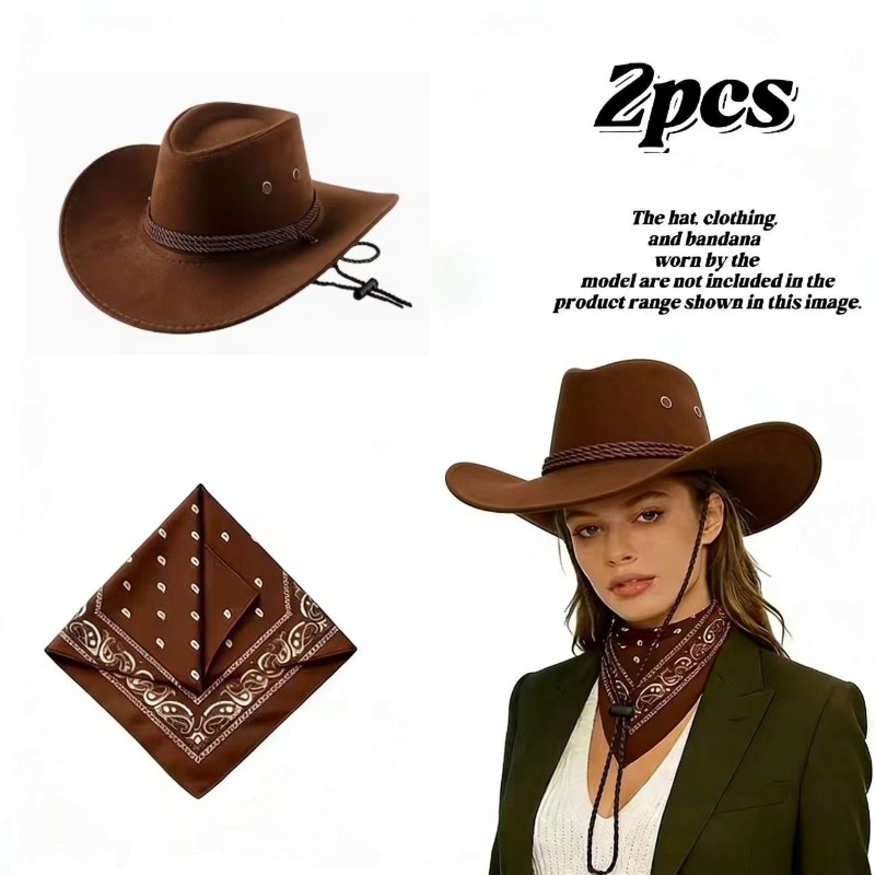 TEMU [western Cowboy Hat Set | 1 Hat   1 Bandana] New Summer Western Style Fedora Hat With Bandana - Wide Brim Design For . Great For & Riding.