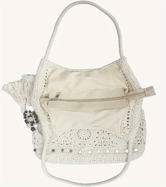 Women's Tote Bag, Vacation Bag in Khaki/Beige, Crochet Boho Hobo Bag, Beach Bag for Women, Bohemian Woven Handbag, Summer Vacation Beach Handbag, Bohemian Crossbody Bag with Tassels